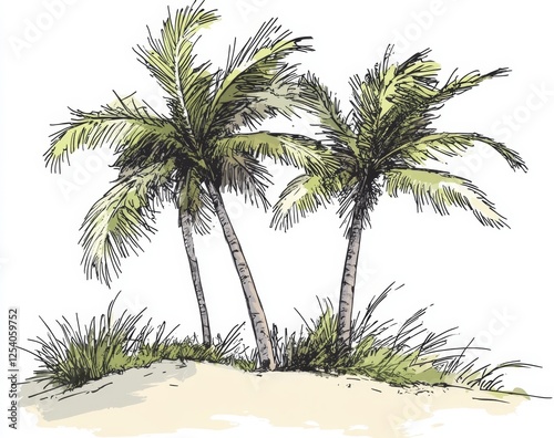 Tropical palm trees beach sketch, dune background, vacation design