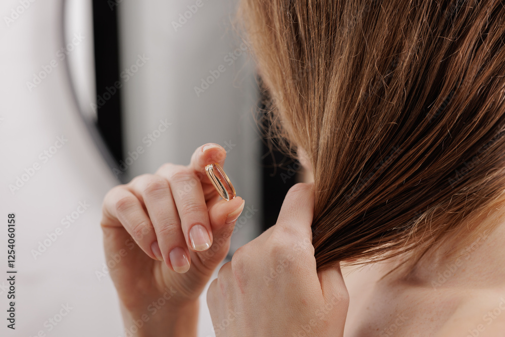 Obraz premium Close-up of a woman applying a hair oil capsule to nourish and protect her hair. Beauty, haircare, and self-care routine concept