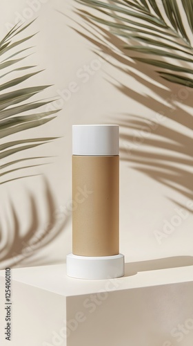 A kraft paper tube for face cream, with a white plastic cap and base on top of an all-white plinth
