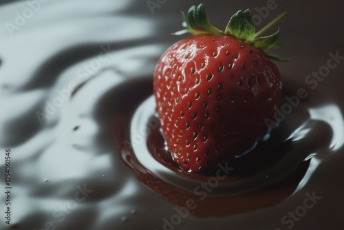 A juicy, ripe strawberry gently ripples the surface of velvety, dark melted chocolate, creating a sensuous and delectable visual treat.
