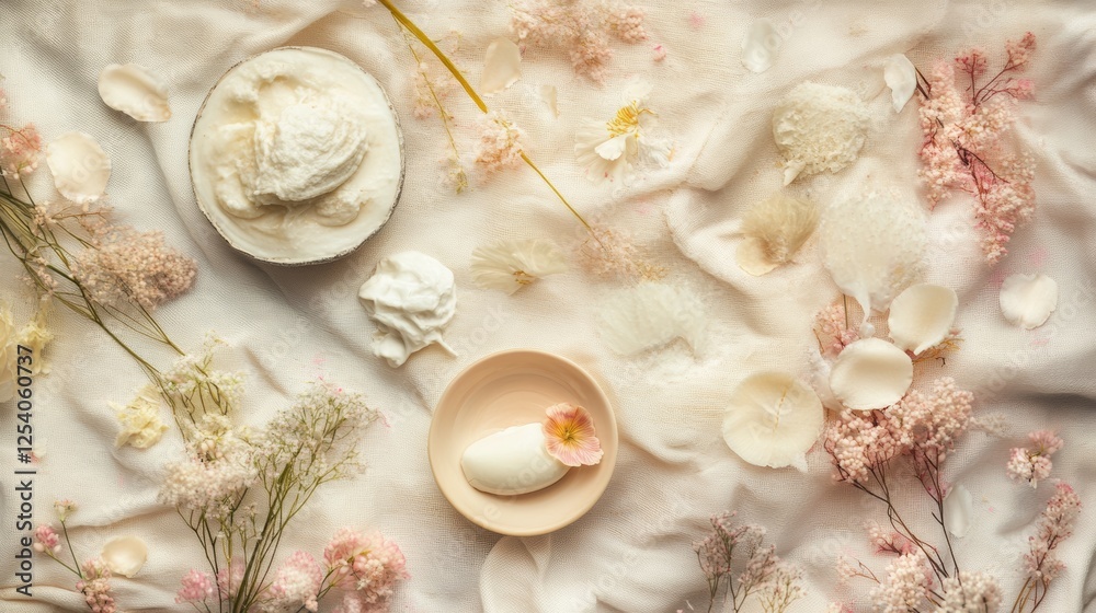 Aesthetic flat lay of ceramic tableware on textured fabric Aesthetic flat lay of ceramic tableware on textured fabric