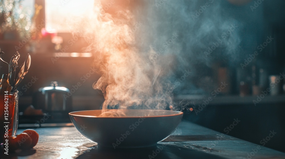 Steaming hot pan in a rustic kitchen Steaming hot pan in a rustic kitchen