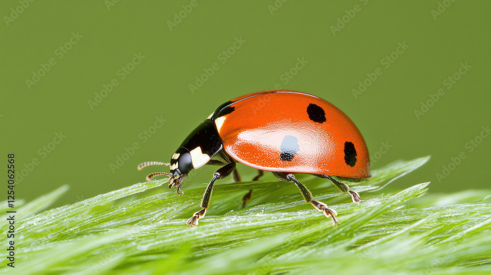 Naklejka premium Red Ladybug On Dewy Green Leaf
