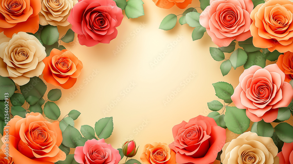 Obraz premium Aesthetic background in the form of a Valentine's day frame. VIEW OF THE ROSES FROM ABOVE, flat illustration
