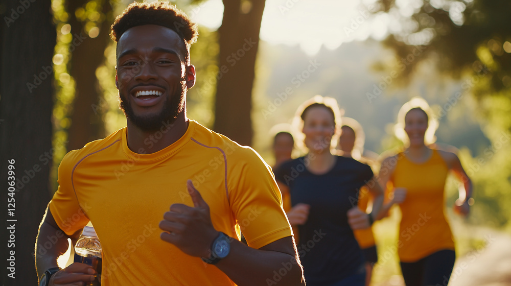 Fototapeta premium Diverse Athletes Running Together on a Forest Trail