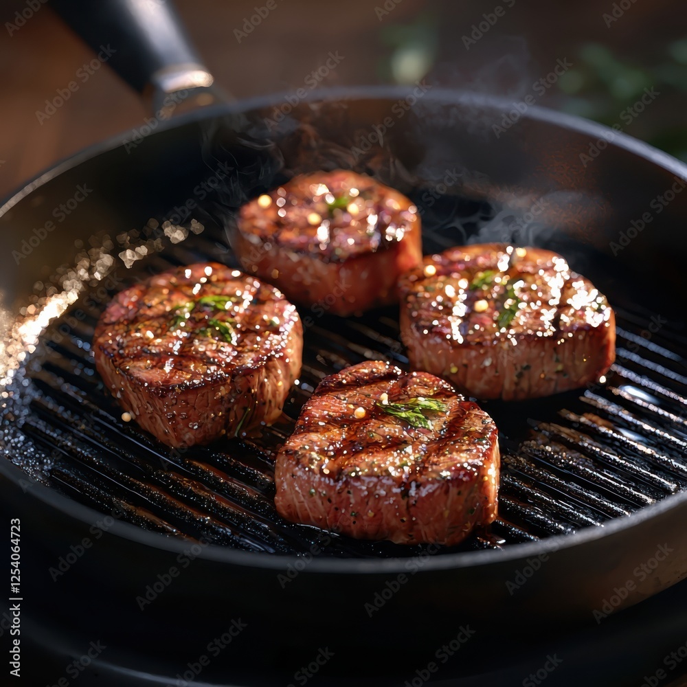 Grilling high-quality beef mix in a pan at golden hour juicy texture focus outdoor kitchen close-up shot Grilling high-quality beef mix in a pan at golden hour juicy texture focus outdoor kitchen close-up shot