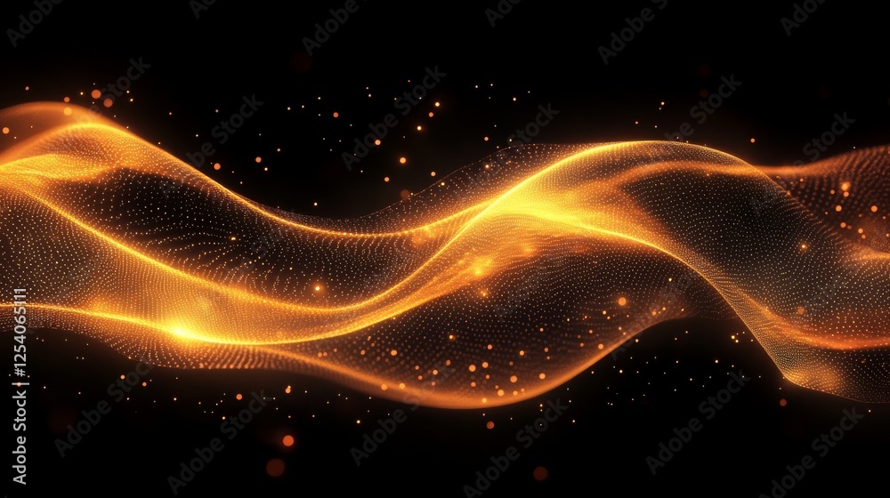Abstract golden waves float in the dark space seemingly weightless