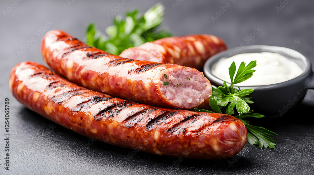 Grilled sausages with sauce, close-up, dark background, food photography Grilled sausages with sauce, close-up, dark background, food photography
