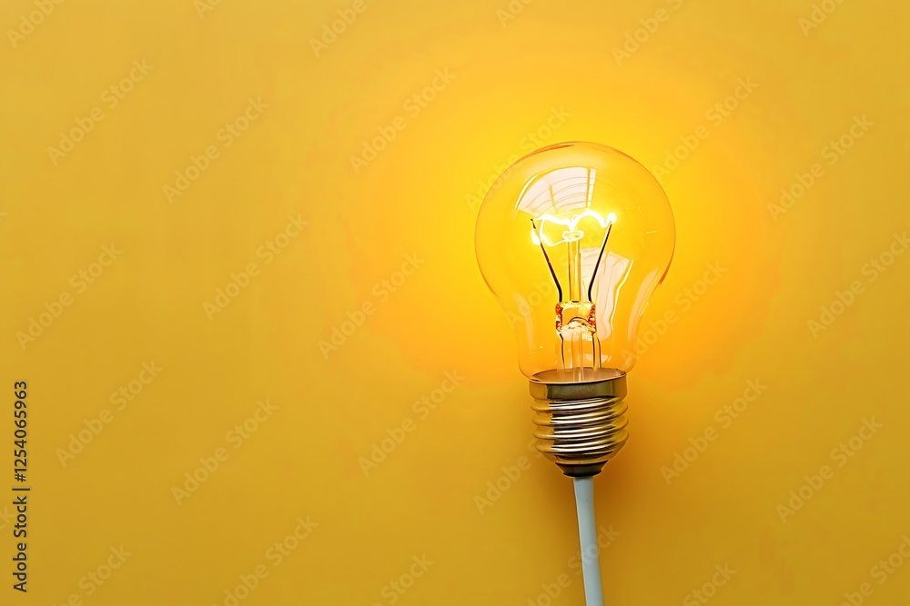 Glowing light bulb and electrical cable on a sunny yellow background, emphasizing the concept of new ideas and innovation in business and science. Clean, minimalistic banner style. Glowing light bulb and electrical cable on a sunny yellow background, emphasizing the concept of new ideas and innovation in business and science. Clean, minimalistic banner style.