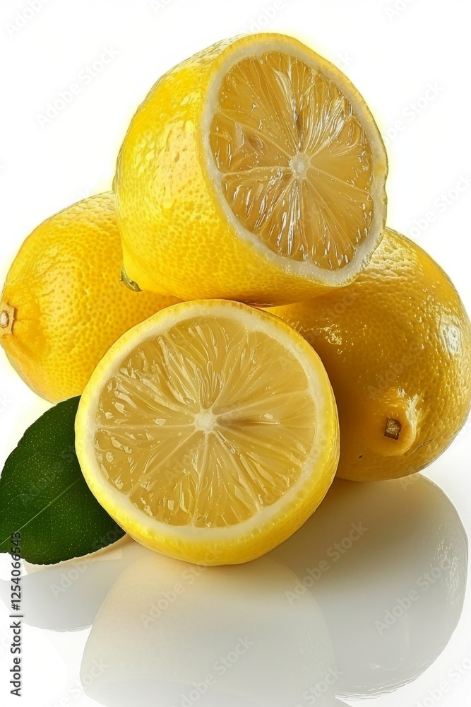 Fresh Lemons on glossy white surface. studio lighting, highlighting details and texture. clean white background. Fresh Lemons on glossy white surface. studio lighting, highlighting details and texture. clean white background.