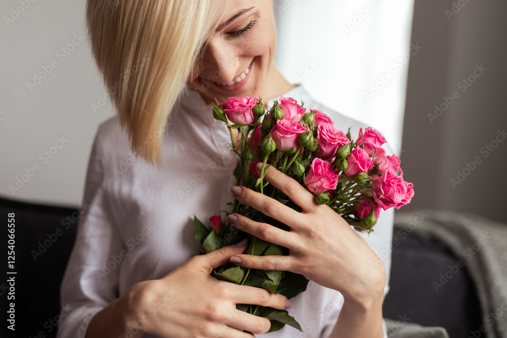 A cheerful woman enjoys the beauty of pink roses while relaxing in a cozy environment. The image portrays emotions of love, gratitude, and happiness, making it perfect for Valentine's Day themes. A cheerful woman enjoys the beauty of pink roses while relaxing in a cozy environment. The image portrays emotions of love, gratitude, and happiness, making it perfect for Valentine's Day themes.