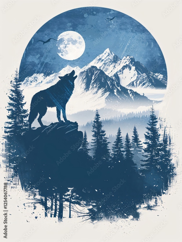 Fototapeta premium Howling wolf silhouette against full moon and mountains landscape at night. Mystic winter forest scenery for for t-shirt design, print, poster