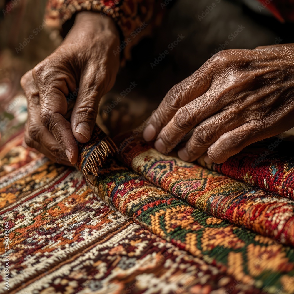 A man is working on a piece of fabric, possibly a rug A man is working on a piece of fabric, possibly a rug