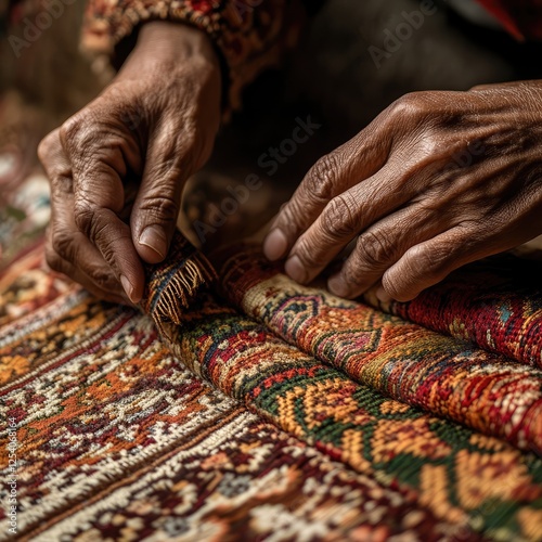 A man is working on a piece of fabric, possibly a rug photo