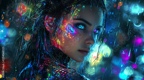 A mysterious woman stands in a futuristic urban landscape, her striking heterochromatic eyes glowing vividly amidst a backdrop of shimmering holograms and rain-soaked streets