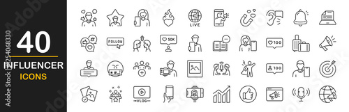 Influencer icon set. Containing influencer, celebrity, content, creation, like, vlogging, blog, vlogger, social media, passion, influence, followers, personal brand, digital marketing and more