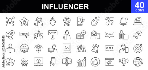 Influencer icon set. Containing influencer, celebrity, content, creation, like, vlogging, blog, vlogger, social media, passion, influence, followers, personal brand, digital marketing and more