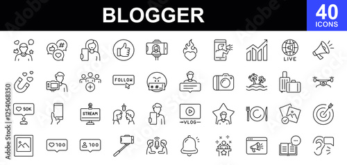 Blogger icon set. Containing influencer, content, creation, like, vlogging, blog, vlogger, social media,  followers, personal brand, video equipment, digital marketing and more