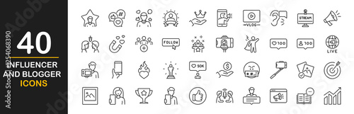 Influencer and blogger  icon set. Containing influencer, content, creation, vlogging, blog, vlogger, social media, video equipment, digital marketing and more. Vector illustration