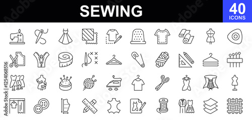 Sewing icon set. Sewing equipment and needlework. Containing  tailor, needlework, dress, stitching, fabric, sewing machine, clothes, measuring tape, wool and more. Vector illustration