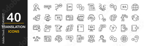 Translation icon set. Included the icons as translate, translator, language, bilingual, dictionary, communication and more. Linguistics concept. Set of line icons. Vector illustration