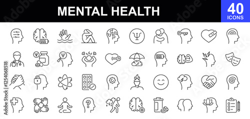 Mental health icons set.  Containing depression, anxiety, stress, mental care, empathy, loneliness, bipolar, PTSD, psychology symbol, panic, mind disorder and more. Vector illustration