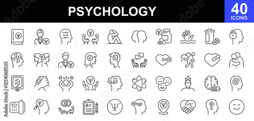 Psychology icon set. Containing session, psychoanalysis, mind, depression, anxiety, stress, mental care, empathy, loneliness, bipolar, psychology symbol, panic, and more. Vector illustration