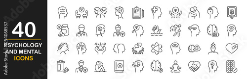 Psychology and mental icons set. Containing depression, anxiety, stress, mental care, empathy, loneliness, bipolar, PTSD, psychology symbol, panic, mind disorder and more. Vector illustration