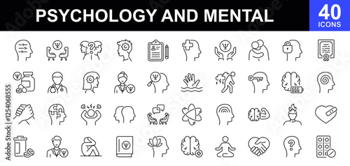Psychology and mental icons set. Containing depression, anxiety, stress, mental care, empathy, loneliness, bipolar, PTSD, psychology symbol, panic, mind disorder and more. Vector illustration