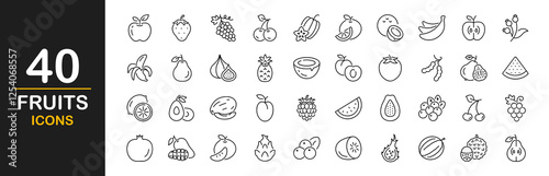 Fruits icon set. Containing apple, banana, orange, grape, strawberry,  watermelon, coconut, avocado, lemon, pear, pineapple, kiwi,  mango and more. Vector illustration