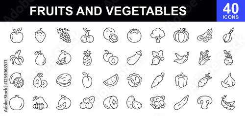 Fruits and vegetable icon set. Containing apple, banana, orange, grape, strawberry, watermelon, tomato, cucumber, cauliflower, eggplant, radish, mushroom, and more. Vector illustration