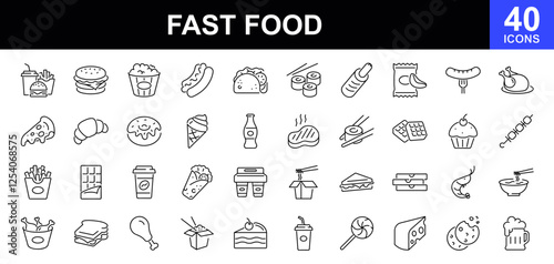 Fast food icon set. Containing burger, pizza, hot dog, donut, french fries, sandwich, ice cream, soda, kabab, sausage, burrito, and more. Fast food and drink. Vector illustration