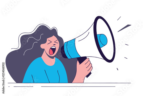 Woman screaming on a megaphone. Promotion, advertisement, commercial. Vector illustration