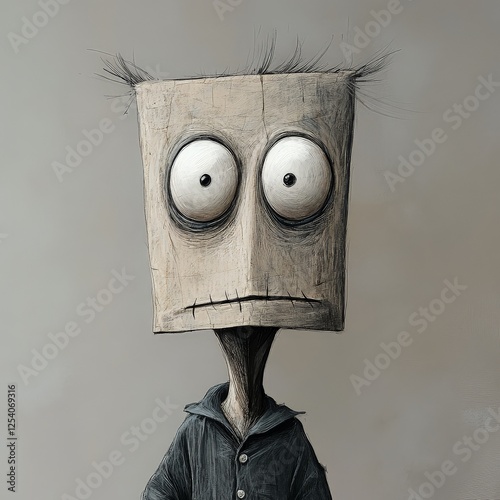 Surreal cartoon character with large eyes staring
