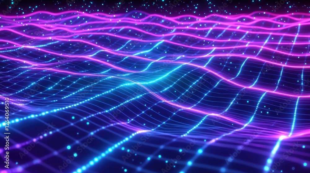 Fototapeta premium A digital-inspired texture featuring a grid of glowing neon lines interwoven with tiny data points. The surface should look like a futuristic circuit board, with glowing edges and a sense of motion. 