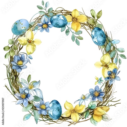 Osterkranz mit blauen und gelben Blumen sowie gefärbten Ostereiern