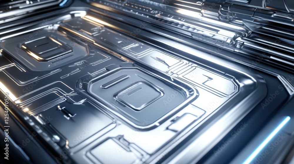 Obraz premium A futuristic metallic texture with reflective silver, chrome, and holographic highlights.