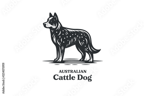 Australian Cattle Dog logo with script, black vintage engraving style icon