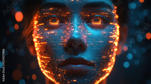 Futuristic portrait of a person with a digital face mask made of neon circuits and glowing data streams in a sci-fi aesthetic