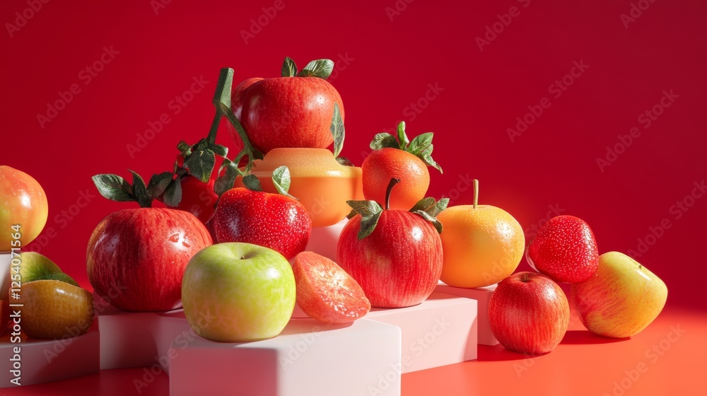 Fresh apples in a red-themed composition