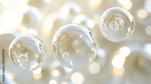Shiny clear bubbles float against an out of focus background