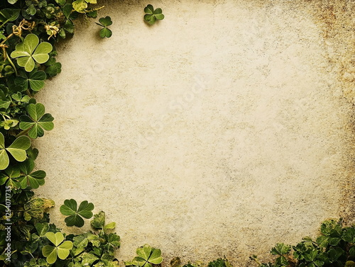 A St. Patrick's Day background with green clover leaves bordering a textured, aged surface
