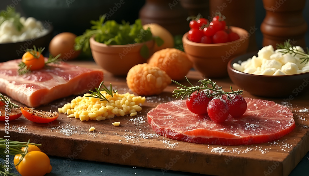 Elegant tabletop with an assortment of premium ingredients, simple luxury food backdrop Elegant tabletop with an assortment of premium ingredients, simple luxury food backdrop