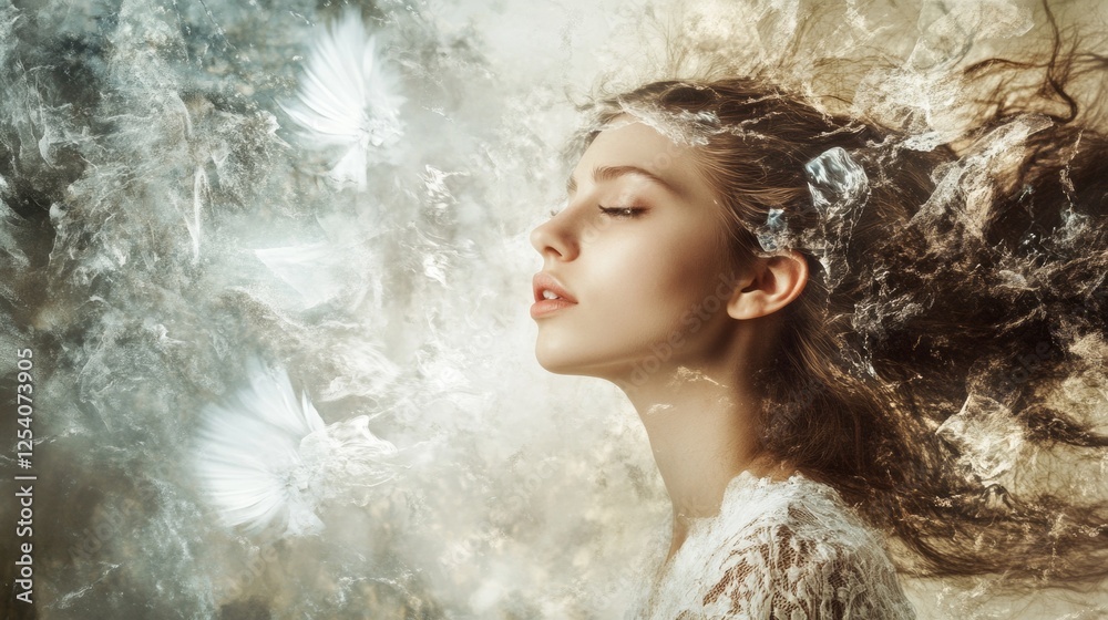 Naklejka premium Ethereal portrait of a woman surrounded by feathers