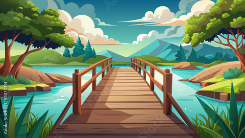 Wooden bridge over tranquil lake, lush green trees, vibrant landscape, distant mountains, fluffy white clouds, sunny day, picturesque scenery, colorful cartoon style, digital illustration, peaceful na
