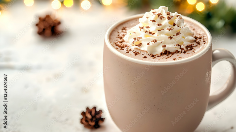 Festive hot chocolate with whipped cream, Christmas lights background, cozy winter drink Festive hot chocolate with whipped cream, Christmas lights background, cozy winter drink
