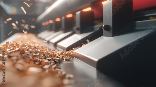 Close-up of a metalworking machine with copper shavings being ejected in a workshop setting