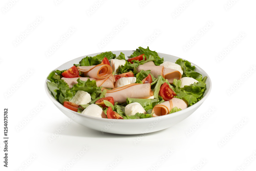 Plate of Fresh Green Salad with turkey ham, mozzarella and tomato isolated on white background Plate of Fresh Green Salad with turkey ham, mozzarella and tomato isolated on white background