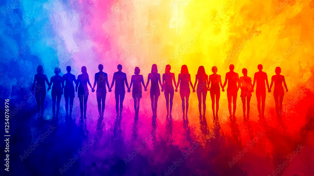 People holding hands under rainbow symbolizing unity and diversity People holding hands under rainbow symbolizing unity and diversity