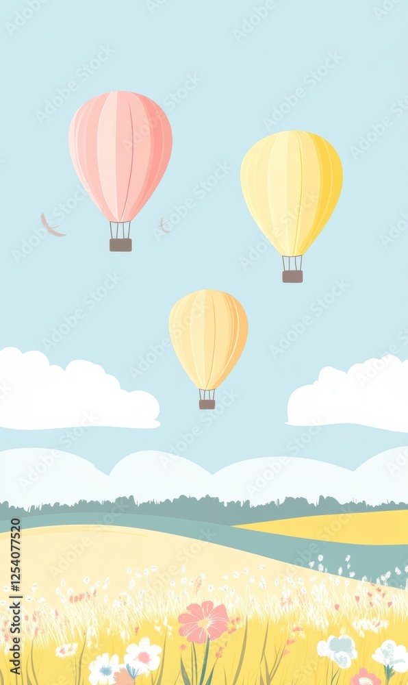 Obraz premium Colorful hot air balloons floating gracefully over a vast field on a sunny day. Generative AI